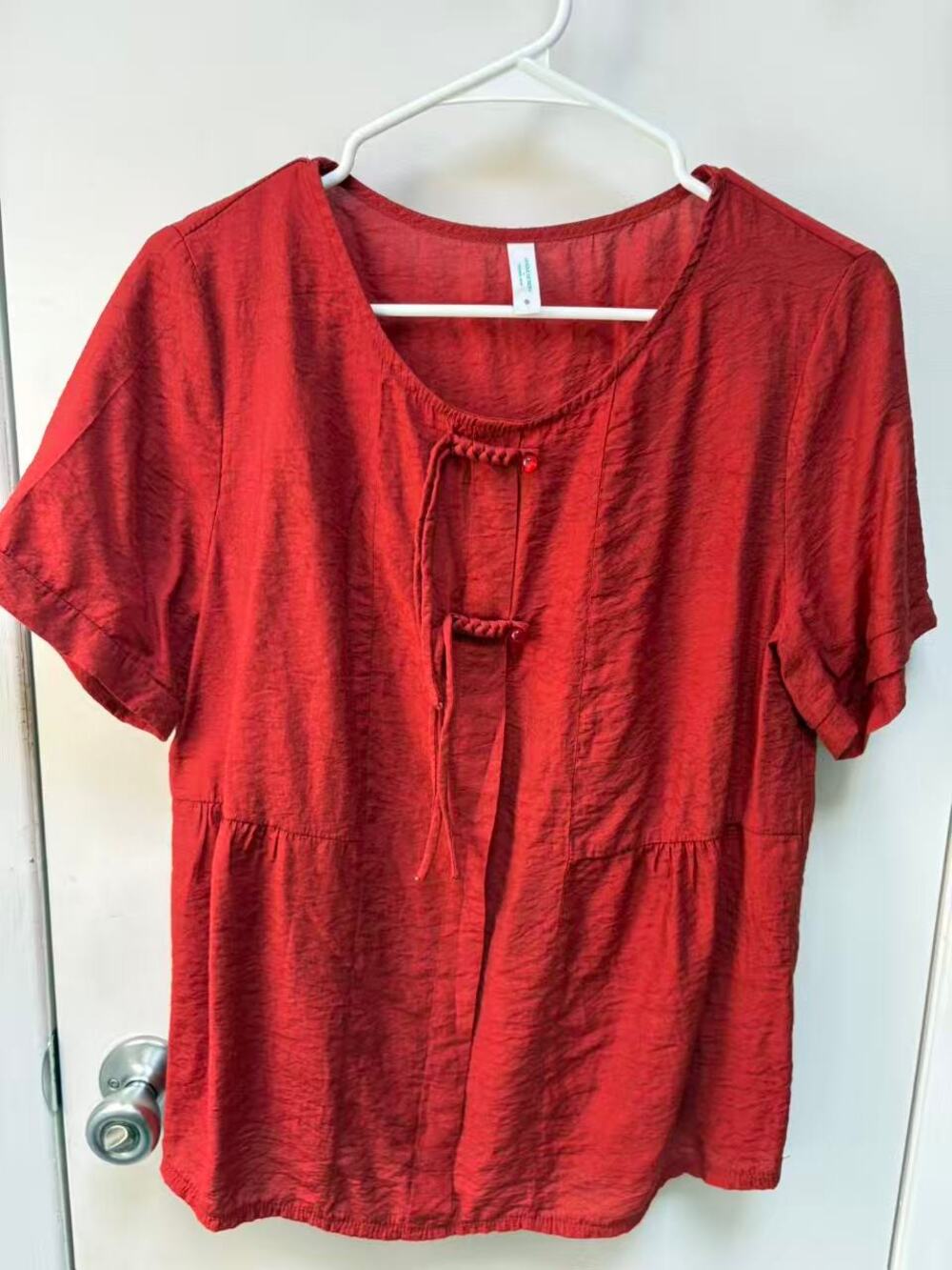 Womens Brick Red Asian Style Keyhole Top Empire Waist Short Sleeve Blouse Small